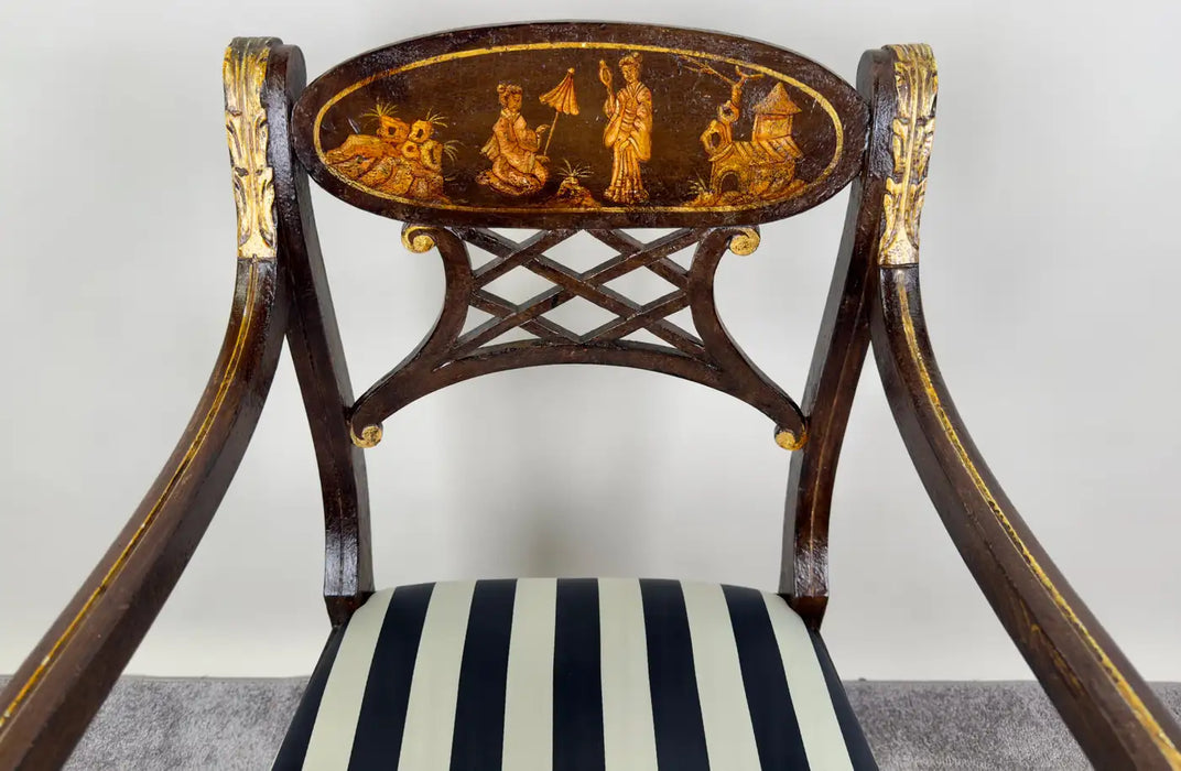 Italian Regency Style Side Chair, Ebonized with Gold Finish & Stripe upholstery