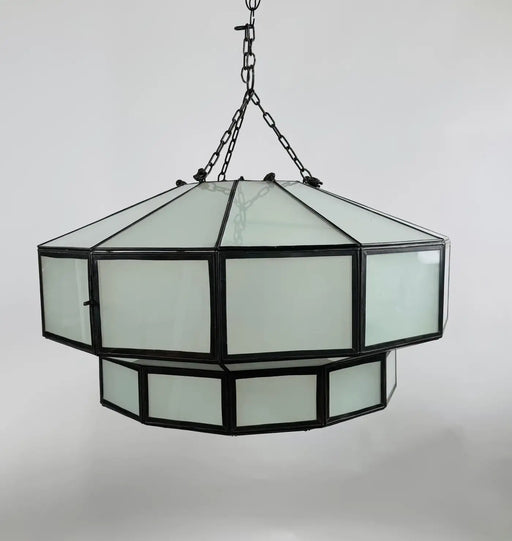 Art Deco Style Large Circular White Milk Glass & Bronze Pendant, Chandelier