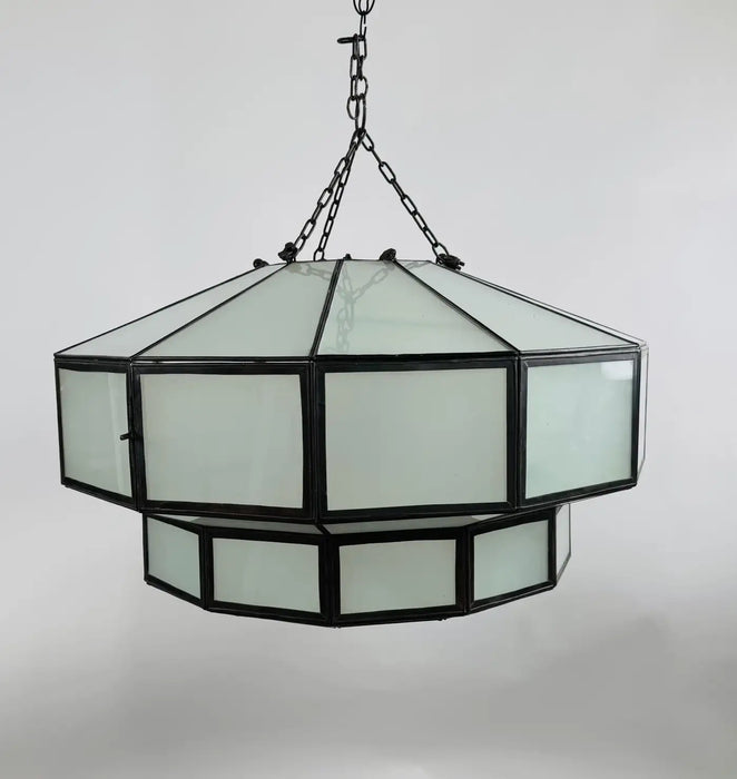 Art Deco Style Large Circular White Milk Glass & Bronze Pendant, Chandelier