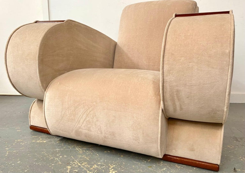 French Art Deco Club or Lounge Chair in Beige Suede Upholstery, a Pair