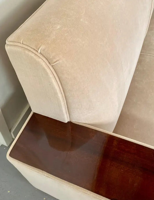 French Art Deco Sofa or Settee with Beige Velvet Upholstery & Rosewood Armrests