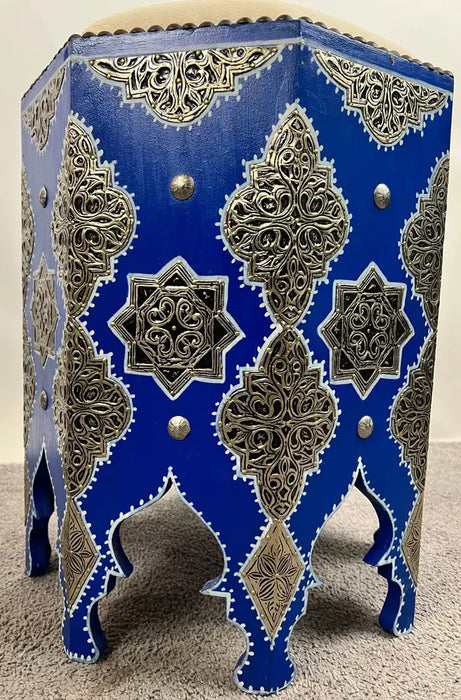 Boho Chic Moroccan Blue & Filigree Silver Design with White Leather Top Stool