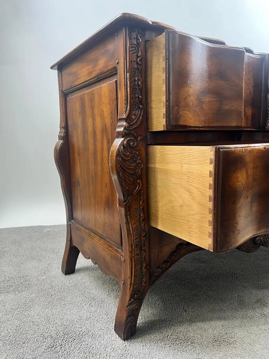 John Widdicomb French Provincial Bombe Serpentine Burl Walnut Commode Dresser