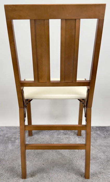 Mid Century Modern White Faux Leather and Carved Walnut Folding Chair, Set of 4