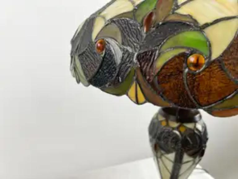 Art Nouveau Tiffany Style Brown & Green Stained Glass Table Lamp, a Pair