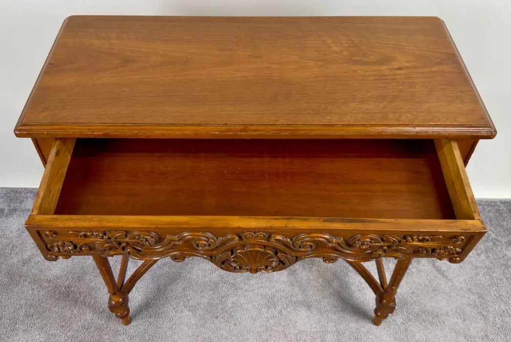 French Country Style Walnut Craved Small Console & Mirror with Antiqued Glass