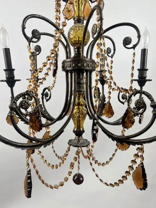 French Rococo Revival Bronzed Chandelier with Amber Glass Drops, 6 Arms