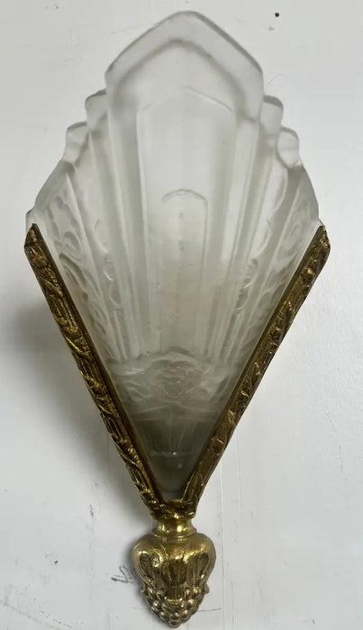 French Art Deco Brass & Frosted Glass Shield Shaped Wall sconce, a Pair