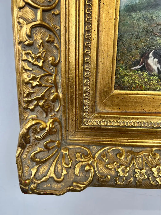English Sporting Style Oil Painting, Huntsman & Hounds, Ornate Gilt Frame 1980's