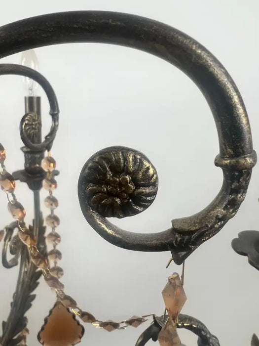 French Rococo Revival Bronzed Chandelier with Amber Glass Drops, 6 Arms