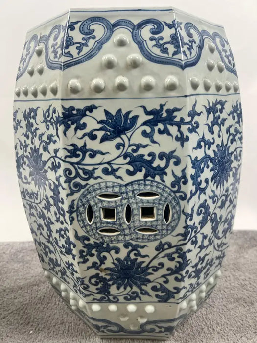 Chinese Qianlong Style Porcelain Octagonal Garden Blue & White Stool, a Pair