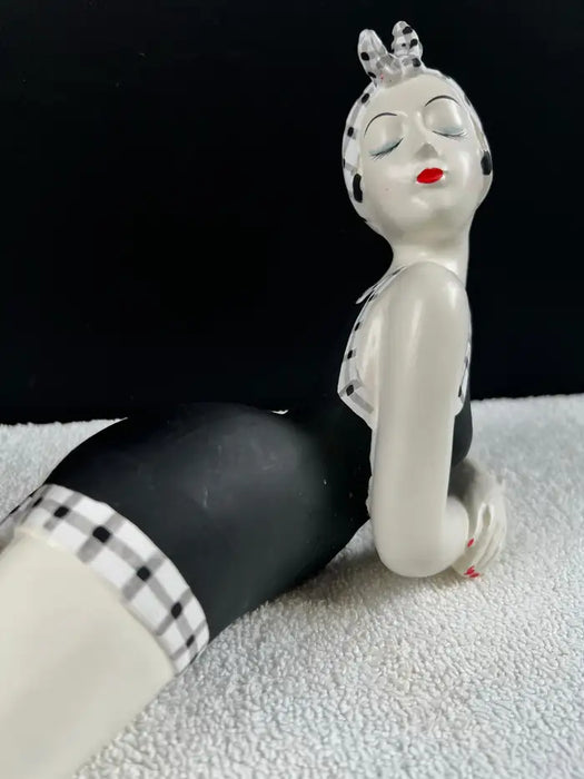 French Style Bathing Beauty Resin Figurine in Black & White Gingham Swimsuit