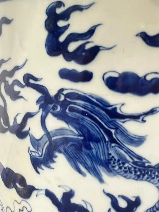 Chinese Qing Dynasty Style Blue & White Dragon Motif Porcelain Planter