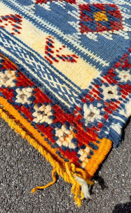 Boho Chic Tribal Handwoven Moroccan Wool Rug in Blue & White, Small Area