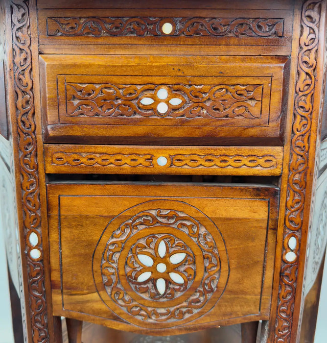 Vintage Syrian Hexagonal Walnut and Bone inlay Hand -Carved Center of End Table