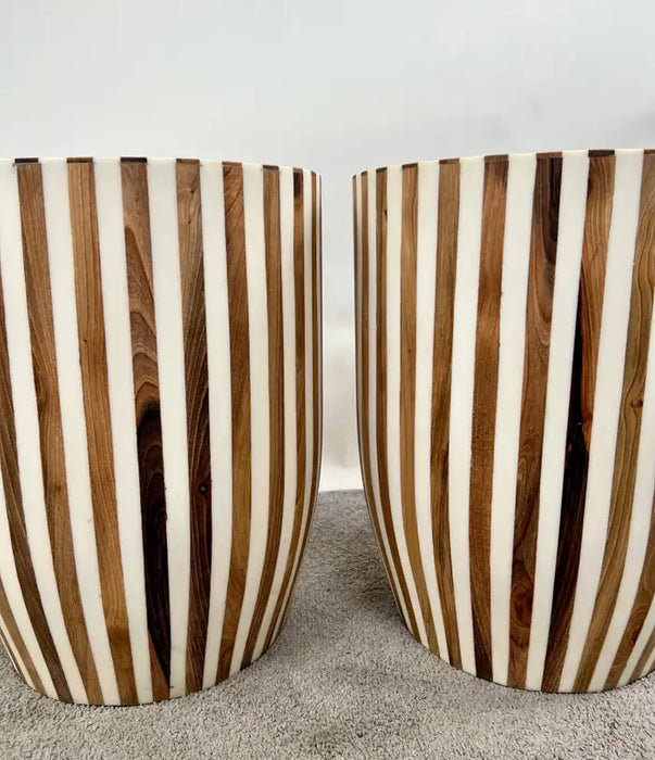 Art Deco Style Brown & White Cylindrical Walnut Resin End Table or Stool, a Pair
