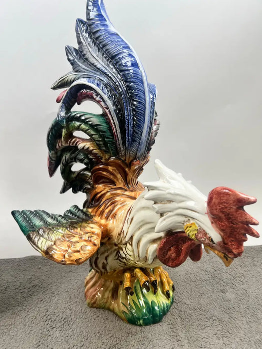 Vintage Hand-Painted Italian Majolica Ceramic Fighting Rooster Sculpture, a Pair 1980's
