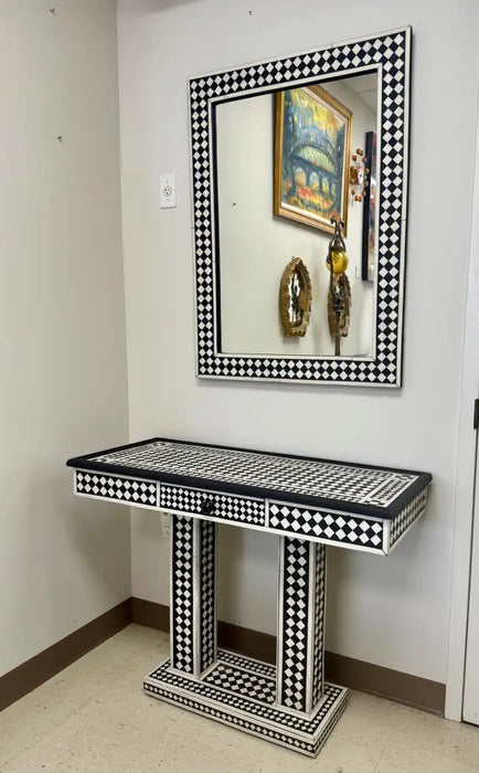 Art Deco Style Black & White Resin in Diamond design Mirror & Console, Set of 2