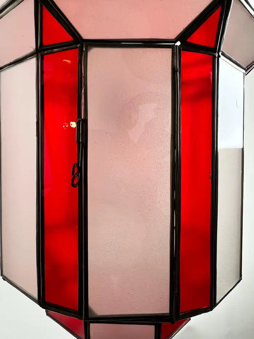 Art Deco Style White Milk and Red Glass Pendant, Lantern or Chandelier, a Pair
