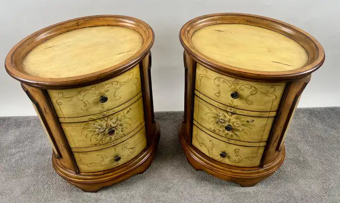 Louis XV Style French Provincial Hand Painted Oval Shaped Nightstand, a Pair