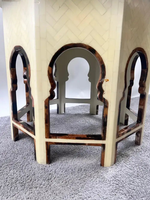 Moroccan Style Off -White Bone Inlay Octagonal Side Table with Moorish Arches