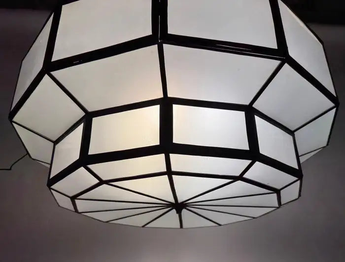 Art Deco Style Large Circular White Milk Glass & Bronze Pendant, Chandelier