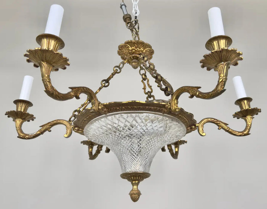 French Empire Style Ormolu Bronze Chandelier with Cut Crystal Bowl, 6 Arms