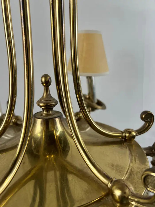 French Empire Style Brass & Etched Cut Glass Center Globe Chandelier - 6 Arms