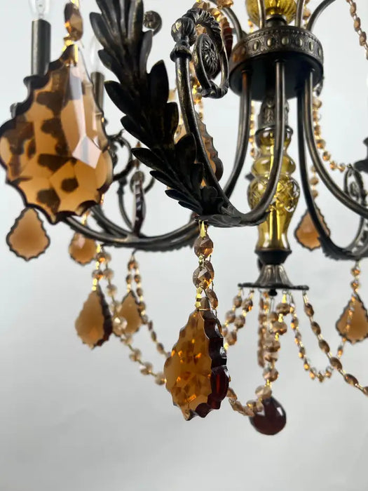French Rococo Revival Bronzed Chandelier with Amber Glass Drops, 6 Arms