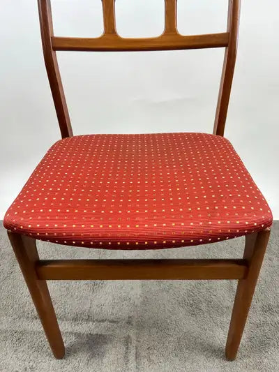 Danish Mid-Century Modern Teak Dining Chairs w Rust Red Dotted Upholstery, Set 6