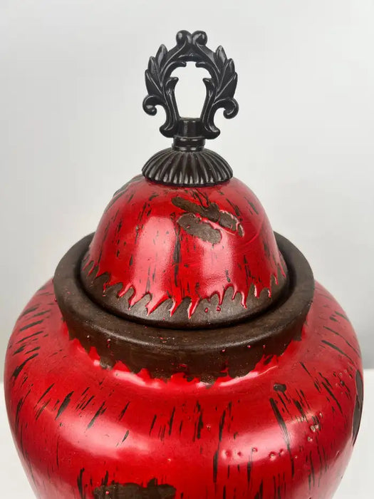 Vintage Chinese Oriental Red Pottery Vase with Lid in Antiqued Design
