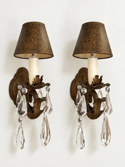 French Regency Style Bronze Wall Sconces with Crystal Drops and Shades, a Pair