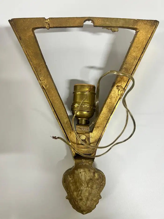 French Art Deco Brass & Frosted Glass Shield Shaped Wall sconce, a Pair