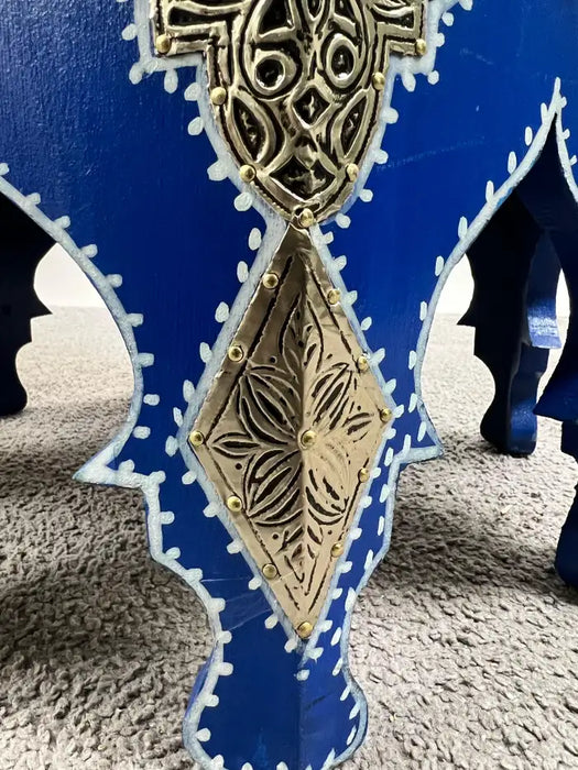 Boho Chic Moroccan Blue & Filigree Silver Design with White Leather Top Stool