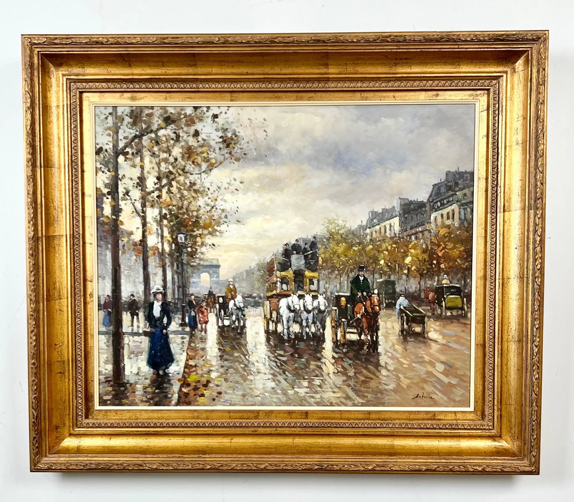 Impressionist Paris Street Scene Oil Painting, Signed, in Ornate Gilt Frame 1970's