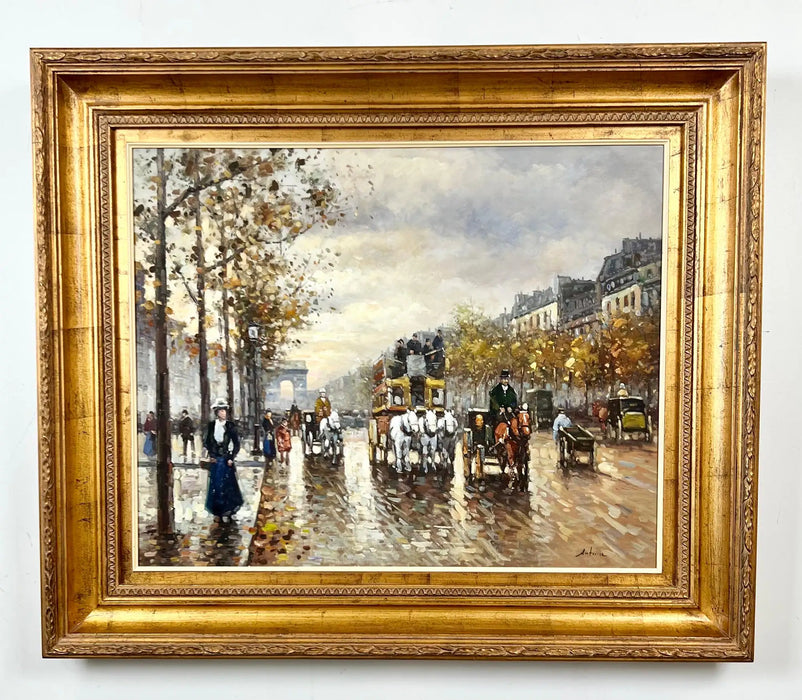 Impressionist Paris Street Scene Oil Painting, Signed, in Ornate Gilt Frame 1970's