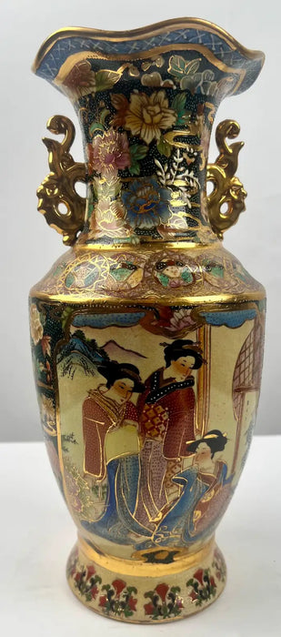 Vintage Royal Satsuma Japanese Hand-Painted Urn Style Vase, a Pair