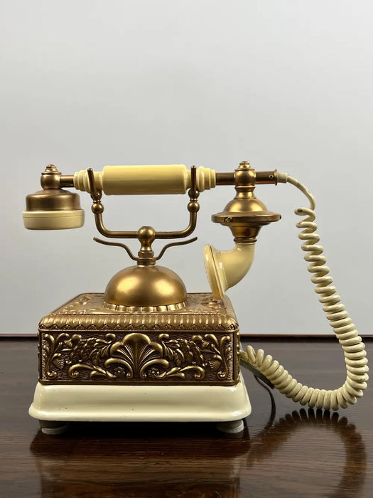 Vintage French Style Brass Rotary Telephone with Ornate Repoussé Cream Enamel Base