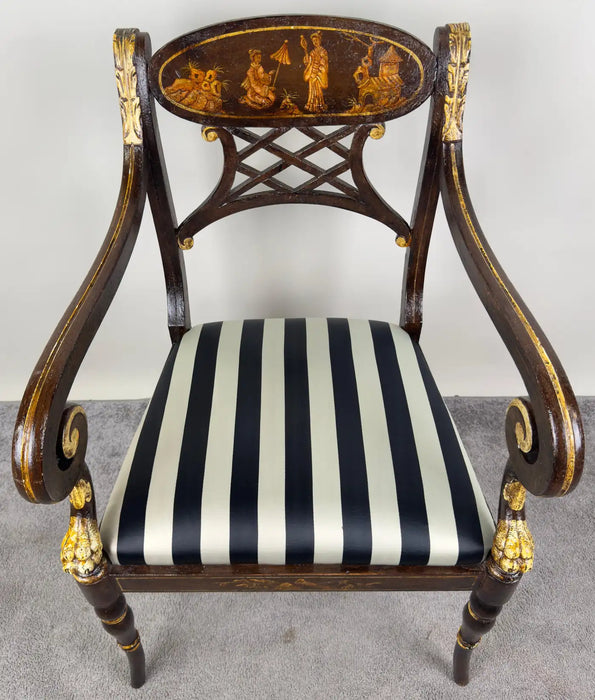 Italian Regency Style Side Chair, Ebonized with Gold Finish & Stripe upholstery