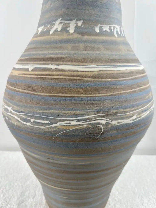 Vintage Handmade Pottery Vase with Blue & Earth-Tone Swirl Glaze
