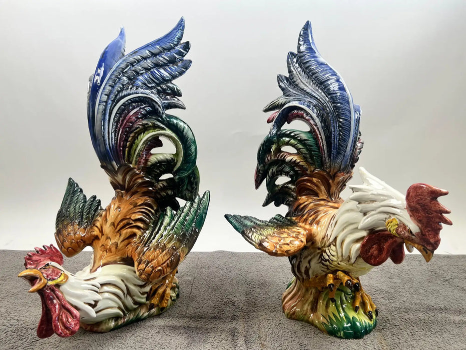 Vintage Hand-Painted Italian Majolica Ceramic Fighting Rooster Sculpture, a Pair 1980's