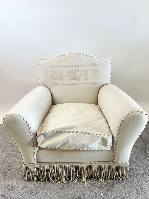 Vintage Ralph Lauren Leather Club Chair, Hand-Painted Arrowhead & Fringe, 1980's