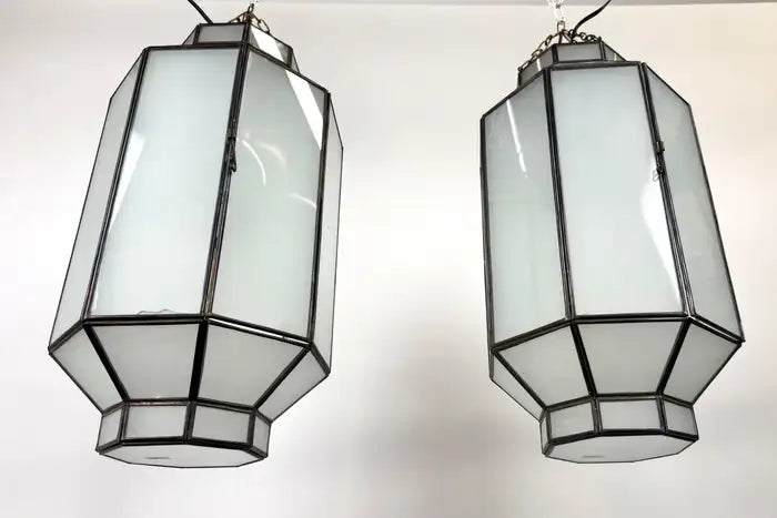 Art Deco Style Frosted White Milk Glass & Bronze Octagonal Pendant, a Pair
