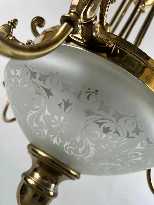French Empire Style Brass & Etched Cut Glass Center Globe Chandelier - 6 Arms