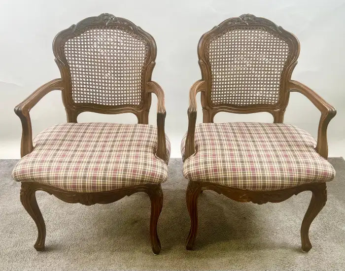 French Provincial Louis XV Style Cane Back with Plaid Upholstery Chair, a Pair