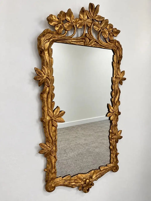 Antique Art Nouveau Giltwood Wall Mirror with Hand Carved Botanical Leaf Frame