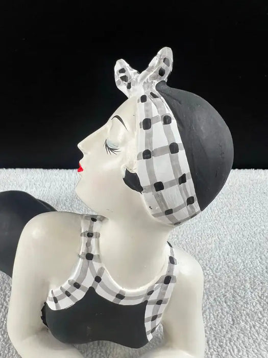 French Style Bathing Beauty Resin Figurine in Black & White Gingham Swimsuit