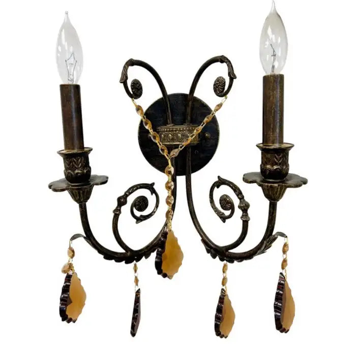 French Rococo Revival Cast Metal Bronzed Wall Sconce w Amber Crystal, Set of 4