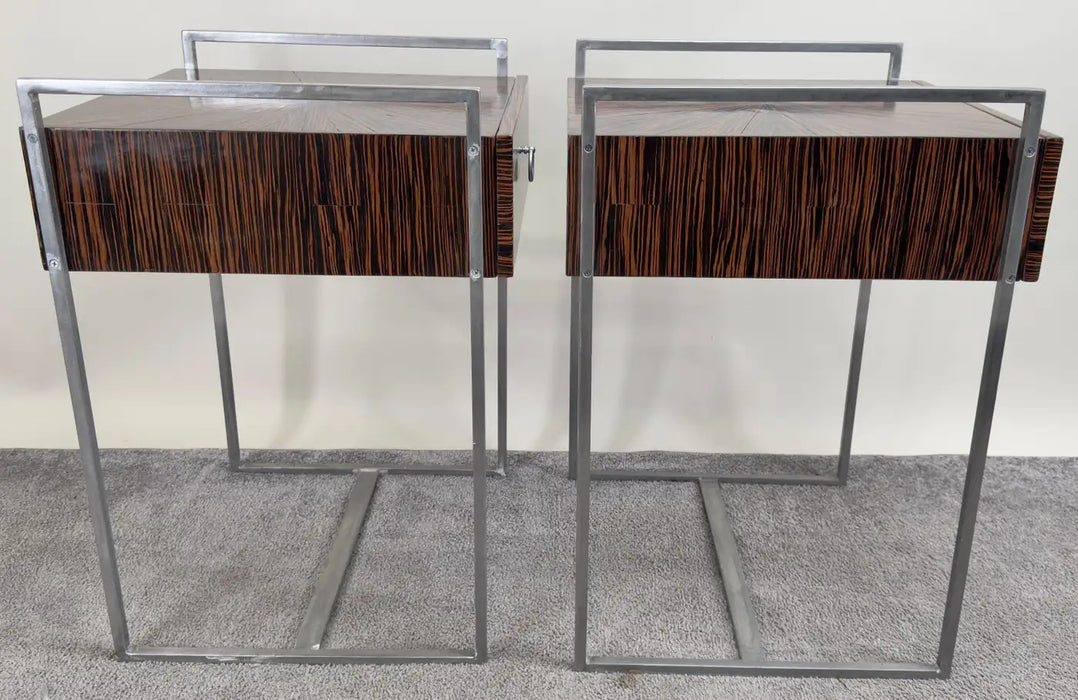 Mid-Century Modern Macassar Zebra Design & Iron Nightstand or End Table, a Pair