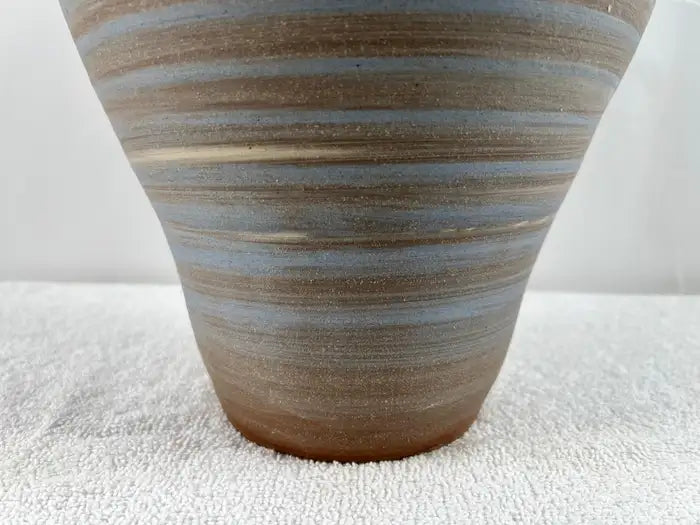 Vintage Handmade Pottery Vase with Blue & Earth-Tone Swirl Glaze